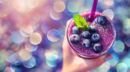 Hand hold summer drink with blueberry fruit