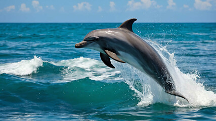 Dolphin closeup jumping out of the ocean with crashing waves around