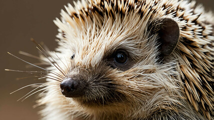 Hedgehog closeup showing quills and small nose with plain background