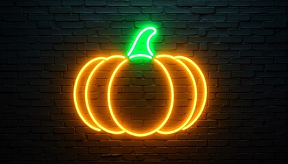 Halloween neon yellow pumpkin sign on dark brick wall glowing for holiday decoration