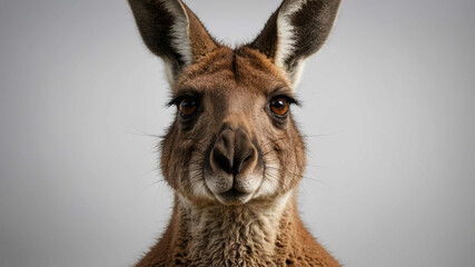 Wall Mural - Kangaroo closeup of strong muzzle and curious eyes with plain background