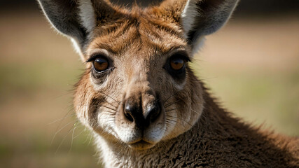 Wall Mural - Kangaroo closeup of strong muzzle and curious eyes with plain background