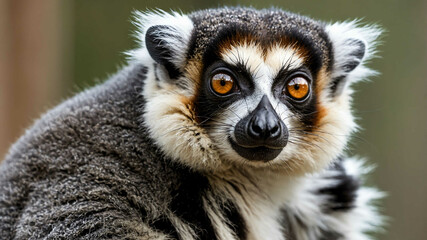 Lemur closeup showing large reflective eyes and fluffy face with plain background