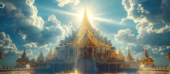 Wall Mural - Majestic Buddhist Temple with Ornate Golden Spires Reaching Towards the Dramatic Cloudy Sky at Sunset