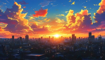 Serene anime cityscape at sunset with towering buildings, vibrant clouds, and a silhouetted figure amidst a dynamic sky