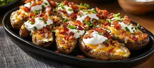 Wall Mural - A plate of loaded potato skins topped with cheese, bacon, and sour cream