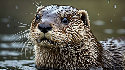 Wall Mural - Otter closeup of wet fur and playful expression with plain background