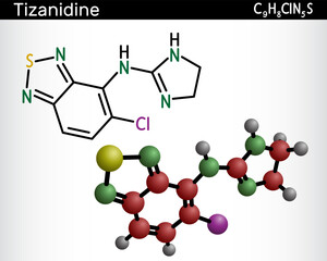 Poster - Tizanidine drug molecule. For treatment of muscle spasticity. Structural chemical formula, molecule model. Vector illustration