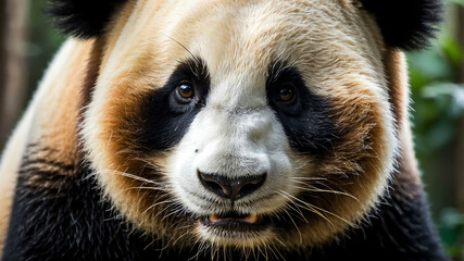 Wall Mural - Panda closeup showing black and white fur around gentle eyes with plain background