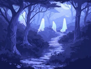 Wall Mural - Forest trail with ghostly figures, haunted atmosphere,