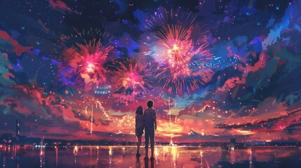 Anime couple watching fireworks at night, Digital art, Illustration, Anime, Art, Graphics, Background, Anime characters, Anime wallpaper, Cartoon, Couple, Fantasy