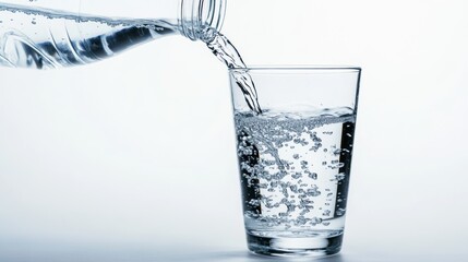 Cold water bottle pour water to glass on white background