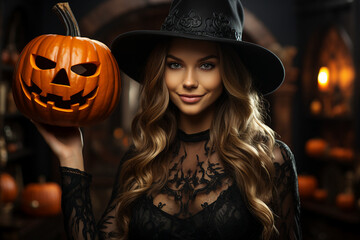 Canvas Print - generative ai picture of beautiful girl wearing creepy witch costume hat celebrating happy halloween