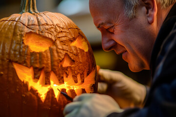 Wall Mural - Happy excited family carving Helloween pumpkins making creepy face holiday preparation, Generative AI