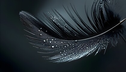 Wall Mural - Elegant Macro Exploration of Black Feathers Adorned with Dew Drops Against a Rich Dark Background