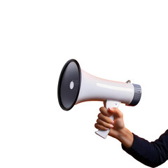 Hand holding a megaphone announces sales and discounts, on a vibrant orange background