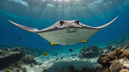 Wall Mural - Stingray closeup gliding over the ocean floor with tropical fish around