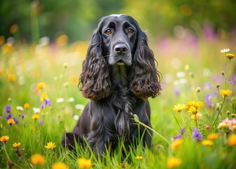 A beautiful black English Cocker Spaniel with floppy ears and endearing brown eyes sits on a lush green meadow, surrounded by vibrant wildflowers.