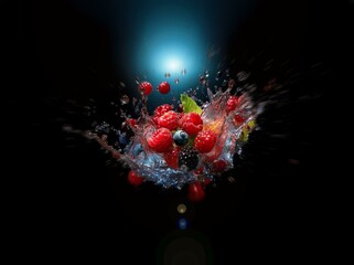 Poster - A splash of water surrounds a cluster of red raspberries, blackberries, and blueberries against a black background.