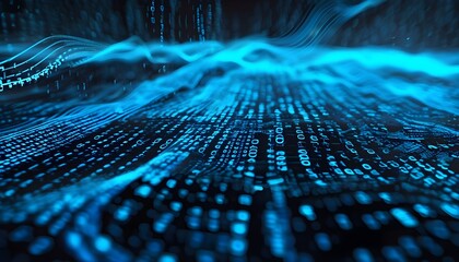 Sticker - Glowing Blue Binary Code Matrix in Digital Data Flow, 3D Rendering of Abstract Waveforms and Scientific Complexity