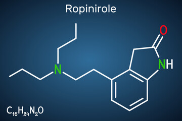 Sticker - Ropinirole  drug molecule. Used to treat the symptoms of Parkinson's disease. Restless Legs Syndrome RLS. Structural chemical formula, dark blue background. Vector illustration