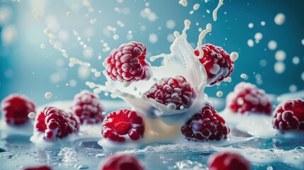 Fresh raspberry fruit with milk splash