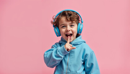 photo portrait of funny teenager boy earphones dance cheerful wear trendy blue outfit isolated on pi