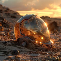 Glowing crystalline glass orb reflecting the warm atmospheric light of the setting sun in a serene minimalist desert landscape at dusk  The surreal dreamlike scene evokes a sense of tranquility