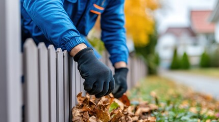 A person wearing gloves is seen collecting dry, fallen autumn leaves along a white residential fence, symbolizing seasonal chores and maintaining the beauty of the surroundings.