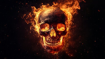 Human skull and fire flames on abstract black background. magical esoteric ritual. Mysticism occultism Witchcraft concept. Halloween background.