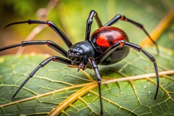 A close-up shot of a venomous black widow spider with a shiny black body and distinctive red hourglass shape on its abdomen, perched on a leaf.