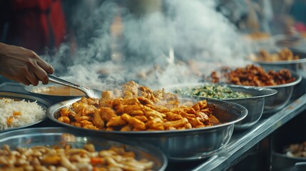 Wall Mural - A bustling food stall with various dishes being served.