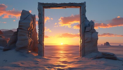 Mystical Desert Doorway at Sunset Opening to Unknown Horizons and New Beginnings