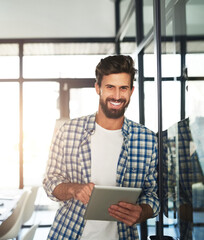 Aufkleber - Office, businessman and portrait with tablet for research, company content and productivity with technology. Boardroom, smile and web designer with digital for online page, software and application