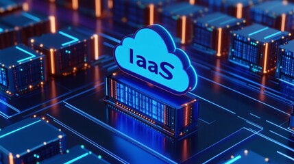 Wall Mural - Illustration of IaaS in cloud computing with digital servers, showcasing modern technology and data infrastructure.