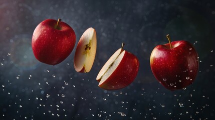 Apple fruit and cut flying in air with dark background