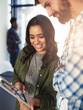 © SunriseDon/peopleimages.com - Office, business people and teamwork with tablet screen for research, company and editing for meeting. Boardroom, colleagues and laugh with digital for online page, scroll and web designers.