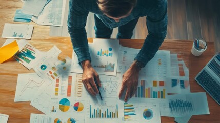 Businessman analyzing financial graphs and charts on wooden desk.