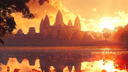 Breathtaking sunset view over the iconic and ancient temples of Angkor Wat in Cambodia reflected in the calm waters of the surrounding river