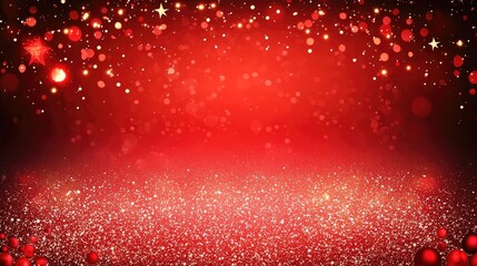 Wall Mural - Red christmas glitter background with stars. Festive glowing blurred texture.