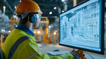 Poster - a photograph of a virtual twin or digital assistant helping an industrial engineer analyze a constru