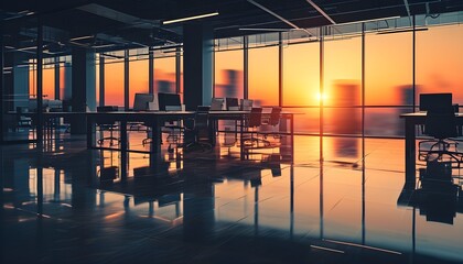 Wall Mural - Tranquil Modern Office Interior at Sunset with Reflective Flooring and Corporate Workspace Ambiance