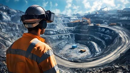 Poster - Mining Excavator Operating in Vast Open Pit Quarry Landscape with Mountainous Terrain and Natural Resources Extraction