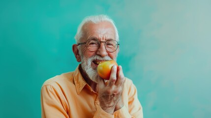 A senior male holding and eating a fresh ripe apple