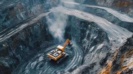 Poster - massive yellow excavator machine digging and loading rocks and minerals in a large open-pit mining q