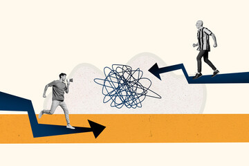 Aufkleber - Trend sketch image collage of business money workspace two arrow road colleagues aged man young guy walk leader megaphone line mess mind