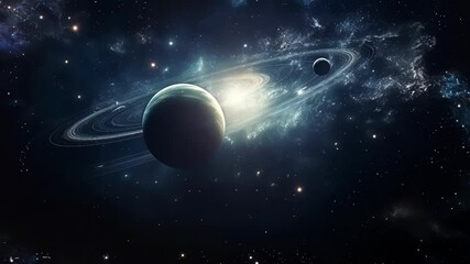Wall Mural - giant ringed alien planet is orbiting around a star with accretion disk, in the middle of a nebula. 