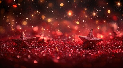 Wall Mural - Red christmas glitter background with stars. Festive glowing blurred texture.