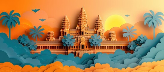 Wall Mural - Angkor Wat Temple Landscape   Iconic Cambodian Monument Silhouette at Sunrise with Dramatic Clouds and Sky  Mystical and Spiritual Landmark of Southeast Asia in Vibrant Digital