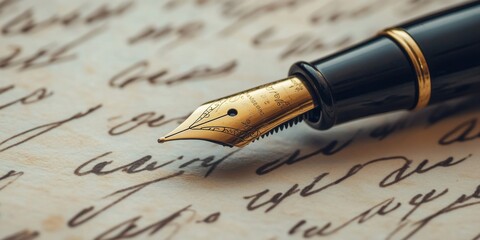 Fountain pen on top of handwritten letters written in cursive font. Vintage manuscript background